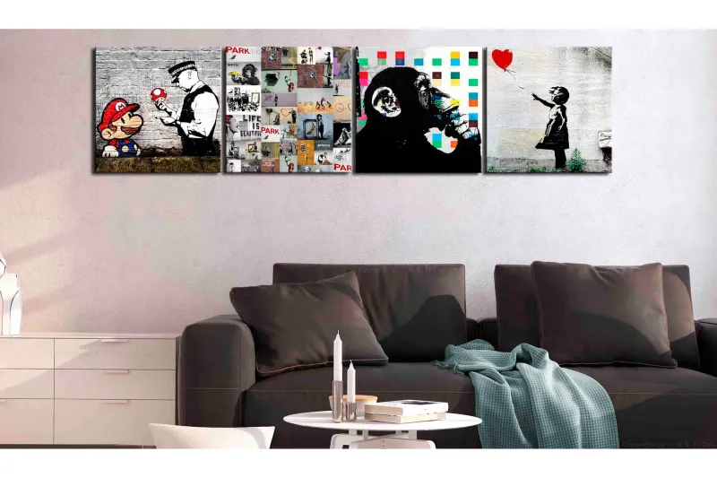 Tavla Banksy Collage (4 Parts) 40x40 - Artgeist sp. z o. o. — Artgeist sp. z o. o.