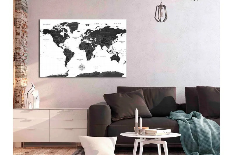 Tavla Black and White Map (1 Part) Wide 90x60 - Artgeist sp. z o. o. — Artgeist sp. z o. o.