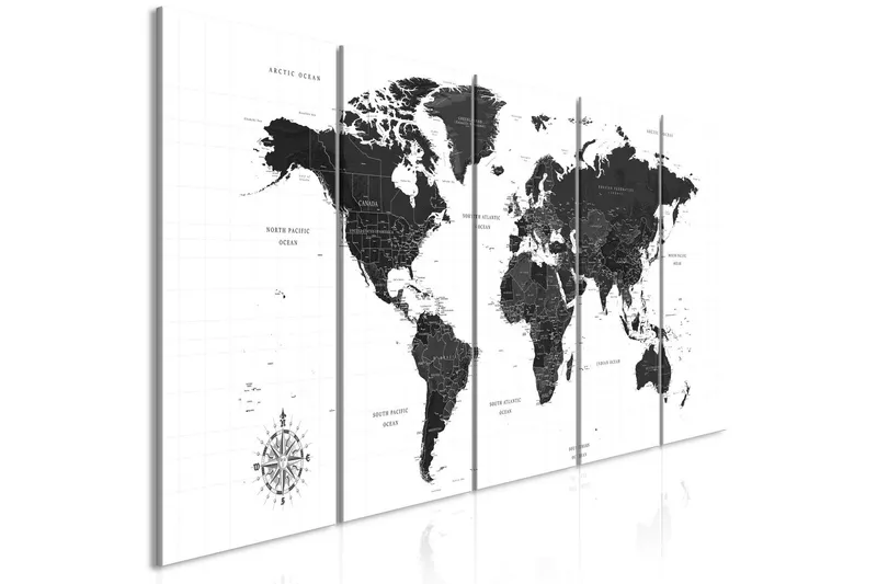 Tavla Black And White Map 5 Parts Narrow 200x80 - Artgeist sp. z o. o. — Artgeist sp. z o. o.