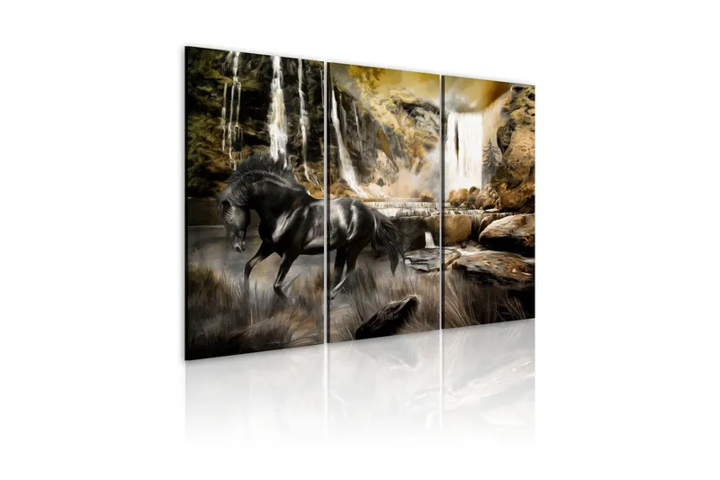 Tavla Black Horse And Rocky Waterfall 60x40 - Artgeist sp. z o. o. — Artgeist sp. z o. o.