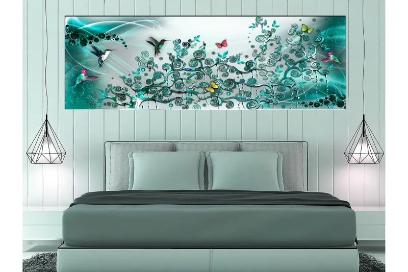 Tavla Hummingbirds Dance (1 Part) Turquoise Narrow 150x50 - Artgeist sp. z o. o. — Artgeist sp. z o. o.
