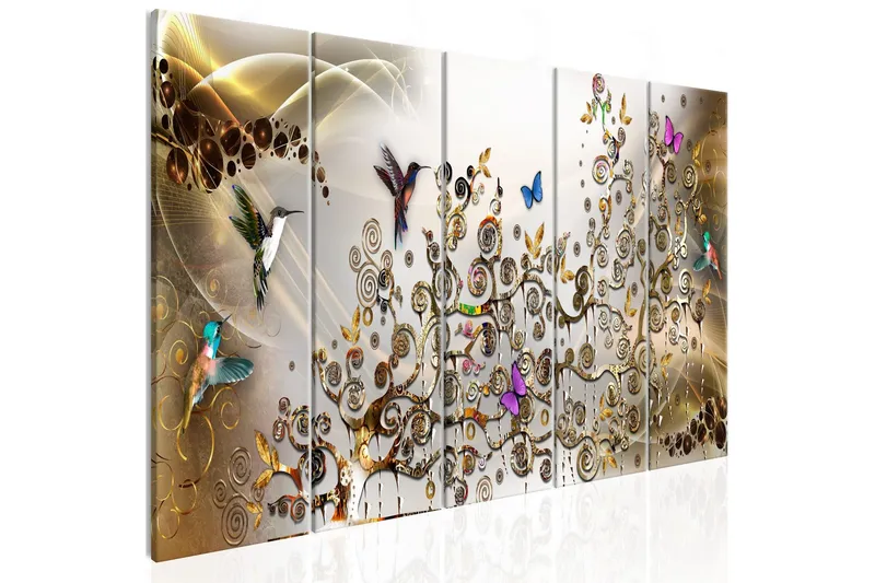 Tavla Hummingbirds Dance 5 Parts Gold Narrow 225x90 - Artgeist sp. z o. o. — Artgeist sp. z o. o.