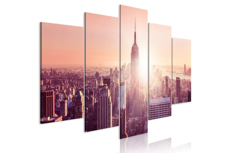 Tavla Sun Over Manhattan 5 Parts Wide Orange 100x50 - Artgeist sp. z o. o. — Artgeist sp. z o. o.