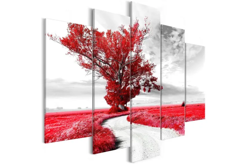 Tavla Tree Near The Road 5 Parts Red 100x50 - Artgeist sp. z o. o. — Artgeist sp. z o. o.