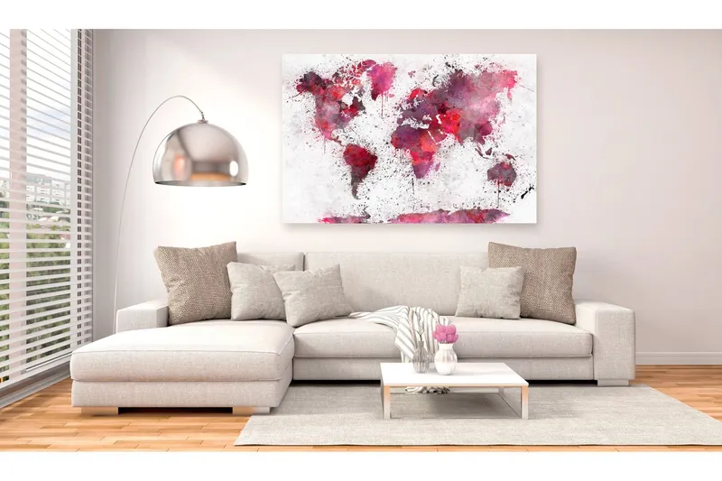 Tavla World Map: Red Watercolors (1 Part) Wide 120x80 - Artgeist sp. z o. o. — Artgeist sp. z o. o.
