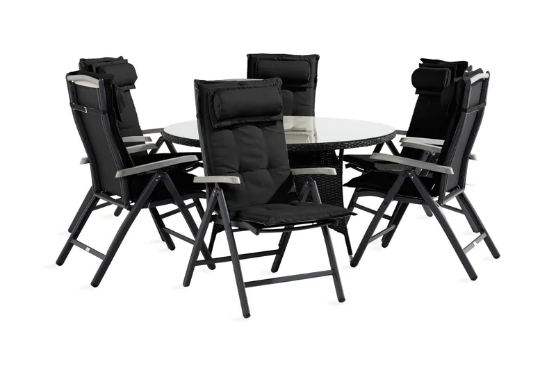 Thor Matgrupp 140 Rund + 6 Monaco Positionsstol m Dyna - Svart/Grå (Art.nr 318385) — Comfort Garden