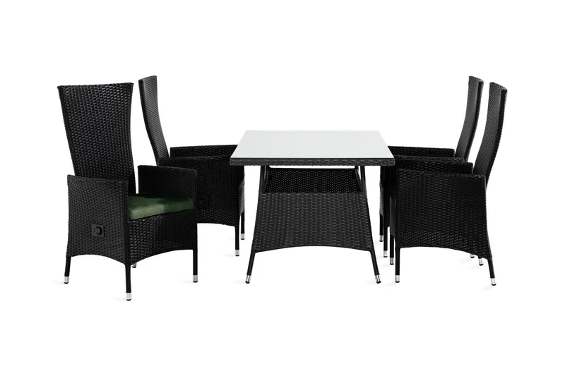 Thor Matgrupp Utomhus 140x90 + 4 Jenny Fåtölj Ställbar m Dyna - Svart/Grön — Comfort Garden