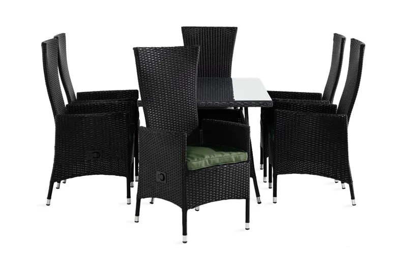 Thor Matgrupp Utomhus 140x90 + 6 Jenny Fåtölj Ställbar m Dyna - Svart/Grön — Comfort Garden