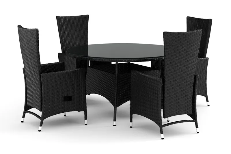 Thor utomhus rund matgrupp 140 cm med 4 Jenny matstolar - Svart — Comfort Garden