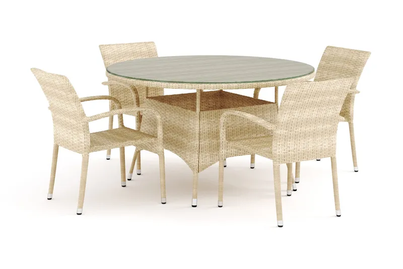 Thor utomhus rund matgrupp 140 cm med 4 Thor Light utefåtöljer - Beige — Comfort Garden