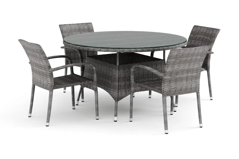 Thor utomhus rund matgrupp 140 cm med 4 Thor Light utefåtöljer - Grå — Comfort Garden