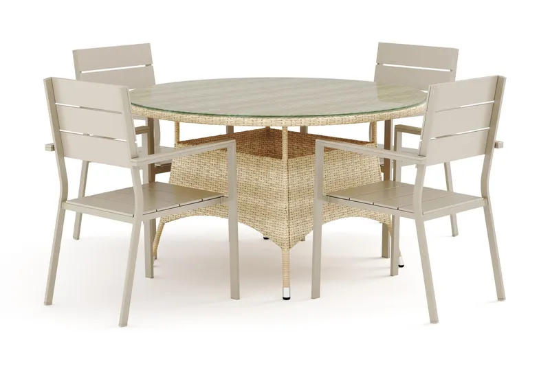 Thor utomhus rund matgrupp 140 cm med 4 Tunis stapelstolar - Beige — Comfort Garden