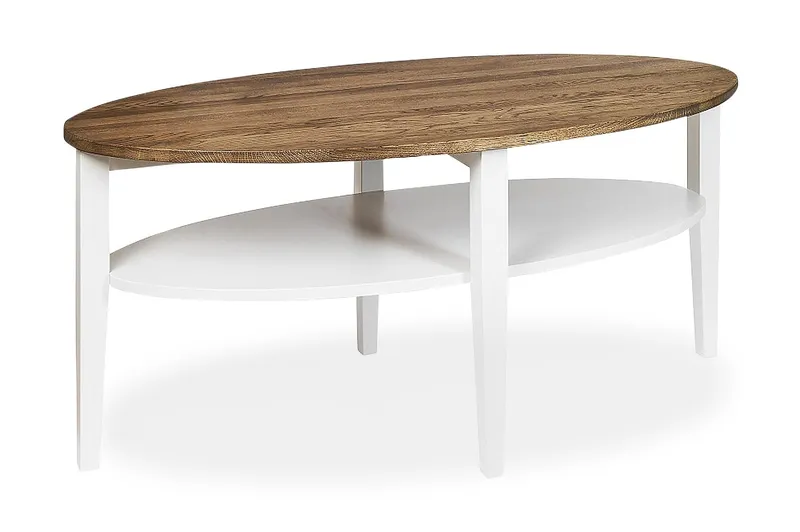 Tranås Soffbord 120 cm Ovalt med Förvaring Hylla - Ek/Vit — Scandinavian Choice