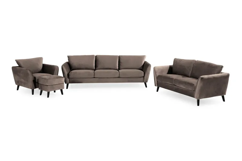 Trend Soffgrupp 3-sits + 2-sits Soffa + Fåtölj + Fotpall i Sammet - Brun — Brun