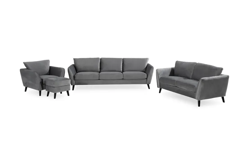 Trend Soffgrupp 3-sits + 2-sits Soffa + Fåtölj + Fotpall i Sammet - Ljusgrå — Ljusgrå