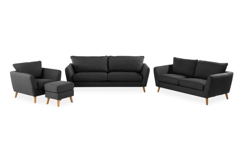 Trend Soffgrupp 3-sits + 2-sits Soffa + Fåtölj + Fotpall i Tyg - Svart — Svart