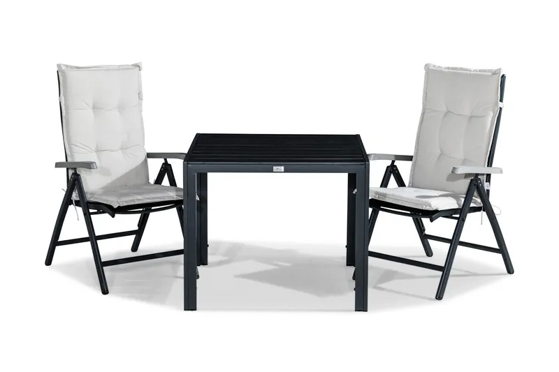 Tunis Matgrupp Utomhus 90x90 + 2 Monaco Lyx Positionsstol m Dyna - Svart/Grå/Offwhite — Comfort Garden