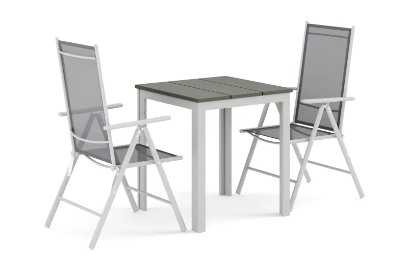Tunis utomhus caféset 70x70 cm med 2 Maggie positionsstolar - Vit/Grå — Comfort Garden