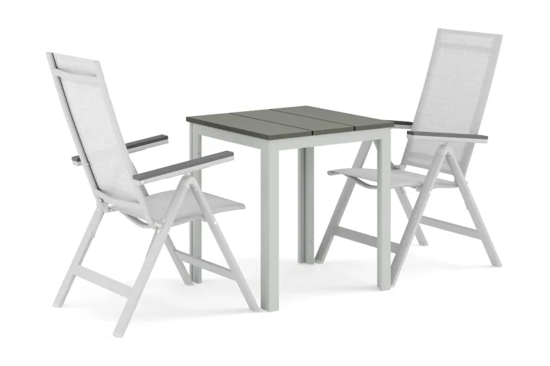 Tunis utomhus caféset 70x70 cm med 2 Monaco Light positionsstolar - Vit/Grå — Comfort Garden