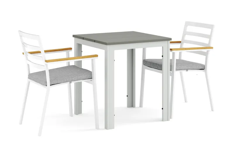 Tunis utomhus caféset 70x70 cm med 2 Oliver karmstolar - Vit/Grå — Comfort Garden