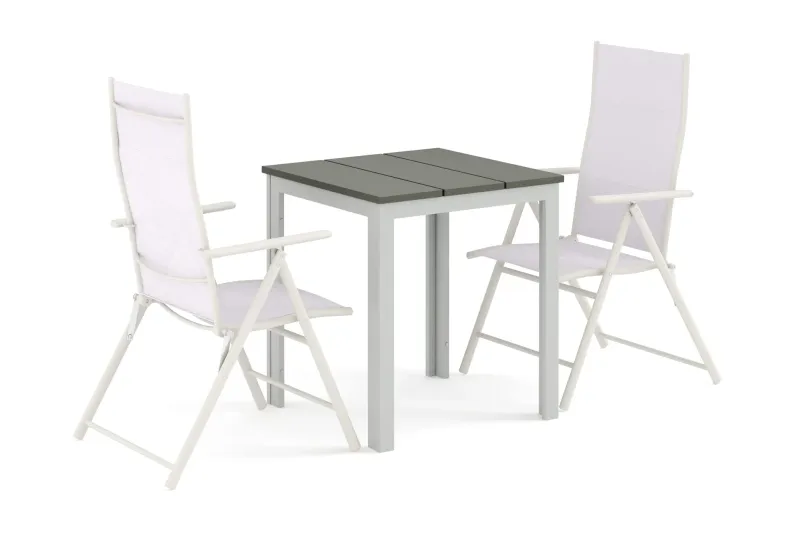 Tunis utomhus caféset 70x70 cm med 2 positionsstolar - Vit/Grå — Comfort Garden