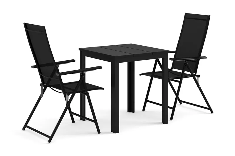 Tunis utomhus caféset 70x70 cm med 2 Sanna positionsstolar - Svart/Svart — Comfort Garden
