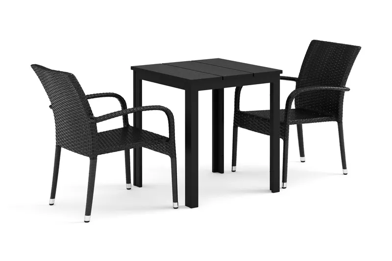 Tunis utomhus caféset 70x70 cm med 2 Thor Light utefåtöljer - Svart/Svart — Comfort Garden
