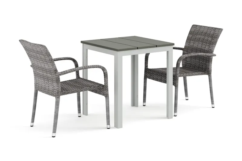 Tunis utomhus caféset 70x70 cm med 2 Thor Light utefåtöljer - Vit/Grå — Comfort Garden