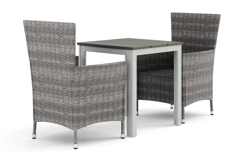 Tunis utomhus caféset 70x70 cm med 2 Thor utefåtöljer - Vit/Grå — Comfort Garden