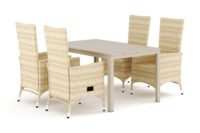 Tunis utomhus matgrupp 140x90 cm med 4 Jenny matstolar - Beige/Beige — Comfort Garden
