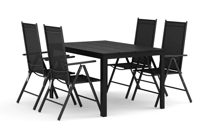 Tunis utomhus matgrupp 140x90 cm med 4 Maggie positionsstolar - Svart/Svart — Comfort Garden