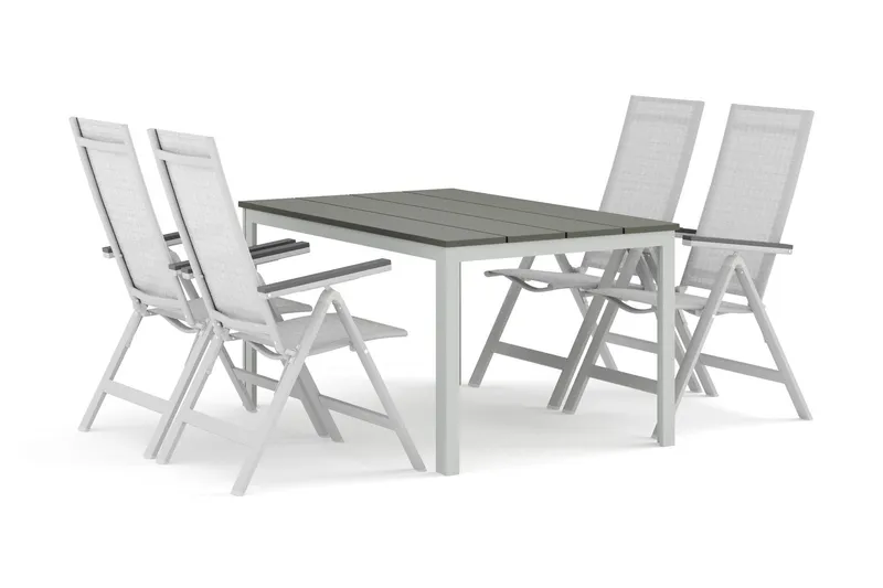 Tunis utomhus matgrupp 140x90 cm med 4 Monaco Light positionsstolar - Vit/Grå — Comfort Garden