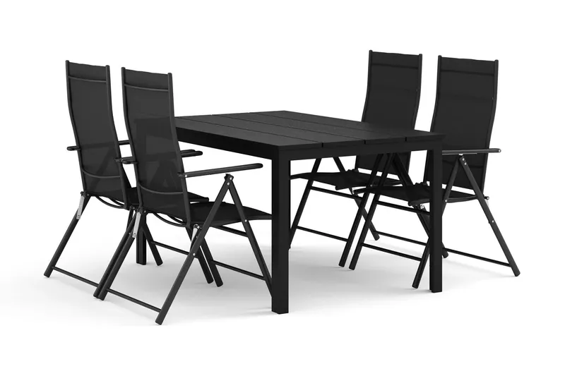 Tunis utomhus matgrupp 140x90 cm med 4 positionsstolar - Svart/Svart — Comfort Garden