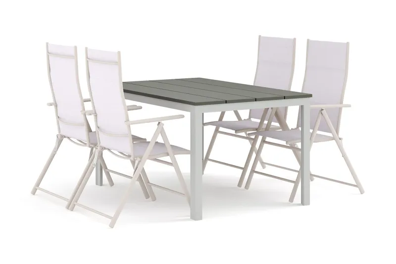 Tunis utomhus matgrupp 140x90 cm med 4 positionsstolar - Vit/Grå — Comfort Garden