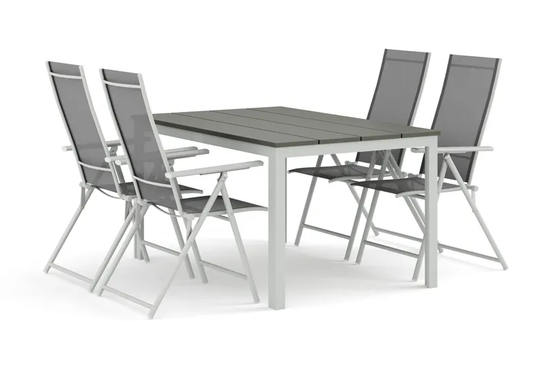 Tunis utomhus matgrupp 140x90 cm med 4 Sanna positionsstolar - Vit/Grå — Comfort Garden