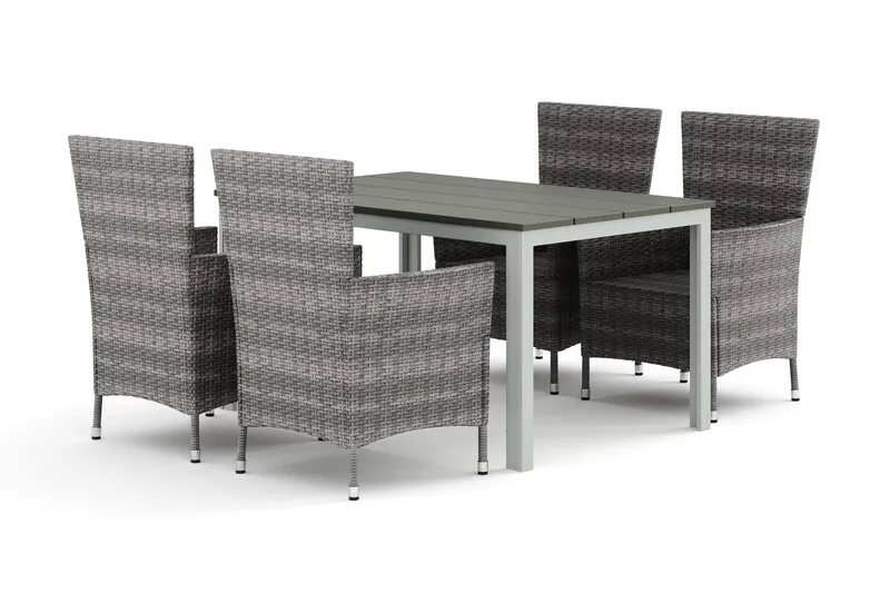Tunis utomhus matgrupp 140x90 cm med 4 Thor utefåtöljer - Vit/Grå — Comfort Garden