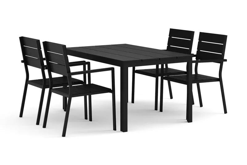 Tunis utomhus matgrupp 140x90 cm med 4 Tunis stapelstolar - Svart/Svart — Comfort Garden