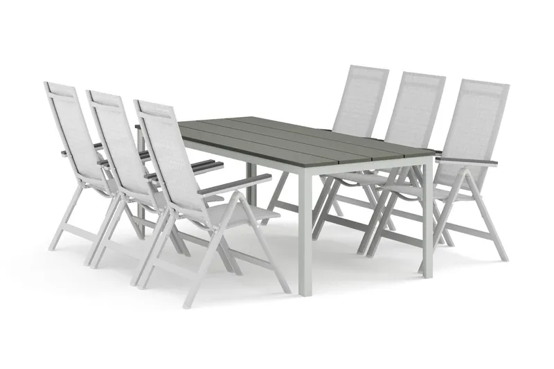 Tunis utomhus matgrupp 205x90 cm med 6 Monaco Light positionsstolar - Vit/Grå — Comfort Garden