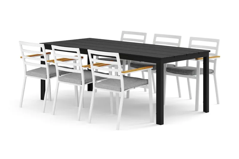Tunis utomhus matgrupp 205x90 cm med 6 Oliver karmstolar med dyna - Svart/Svart — Comfort Garden