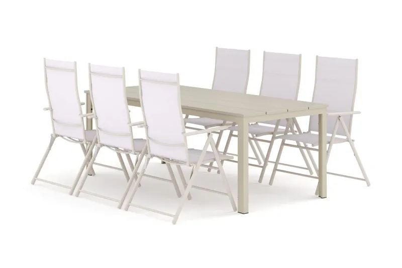Tunis utomhus matgrupp 205x90 cm med 6 Sanna positionsstolar - Beige/Beige — Comfort Garden