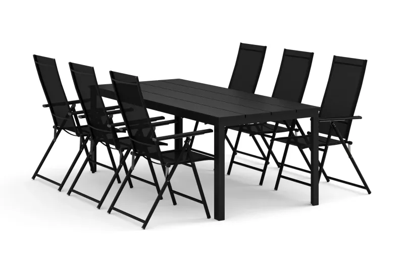 Tunis utomhus matgrupp 205x90 cm med 6 Sanna positionsstolar - Svart/Svart — Comfort Garden