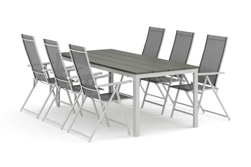 Tunis utomhus matgrupp 205x90 cm med 6 Sanna positionsstolar - Vit/Grå — Comfort Garden