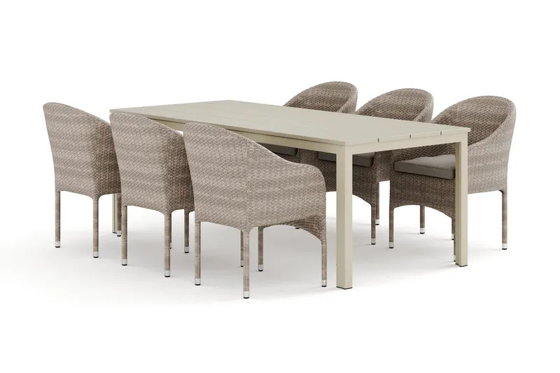 Tunis utomhus matgrupp 205x90 cm med 6 Thor fåtöljer - Beige/Beige — Comfort Garden