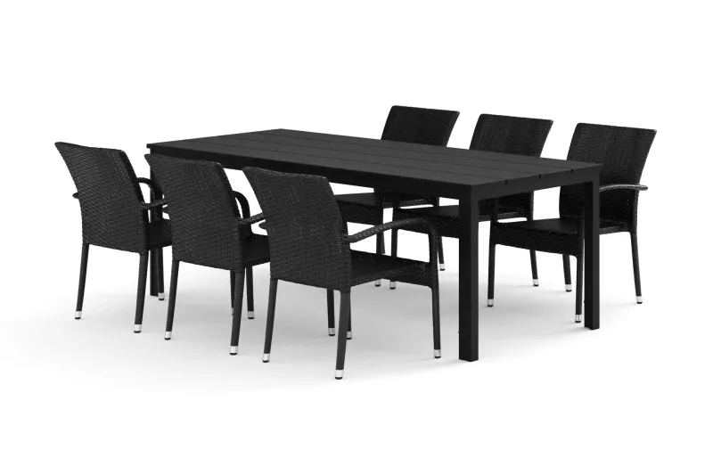 Tunis utomhus matgrupp 205x90 cm med 6 Thor Light utefåtöljer - Svart/Svart — Comfort Garden