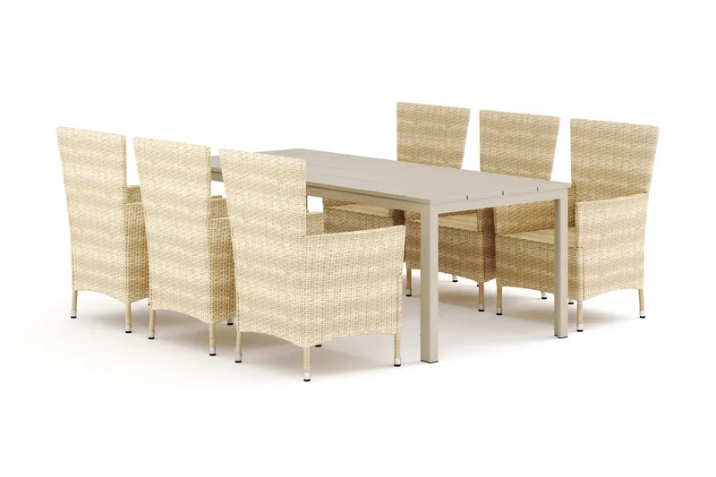 Tunis utomhus matgrupp 205x90 cm med 6 Thor utefåtöljer - Beige/Beige — Comfort Garden