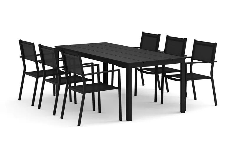Tunis utomhus matgrupp 205x90 cm med 6 Tunis stapelstolar - Svart/Svart (Art.nr 3118214) — Comfort Garden