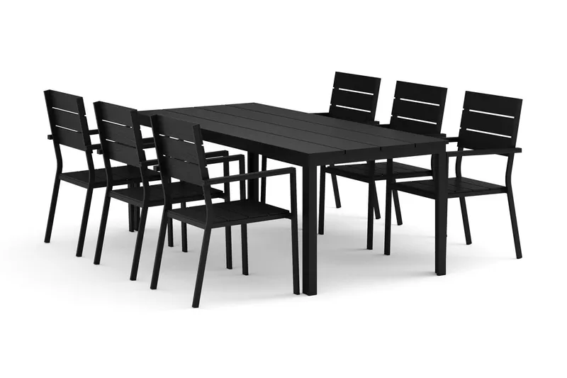 Tunis utomhus matgrupp 205x90 cm med 6 Tunis stapelstolar - Svart/Svart (Art.nr 3117456) — Comfort Garden