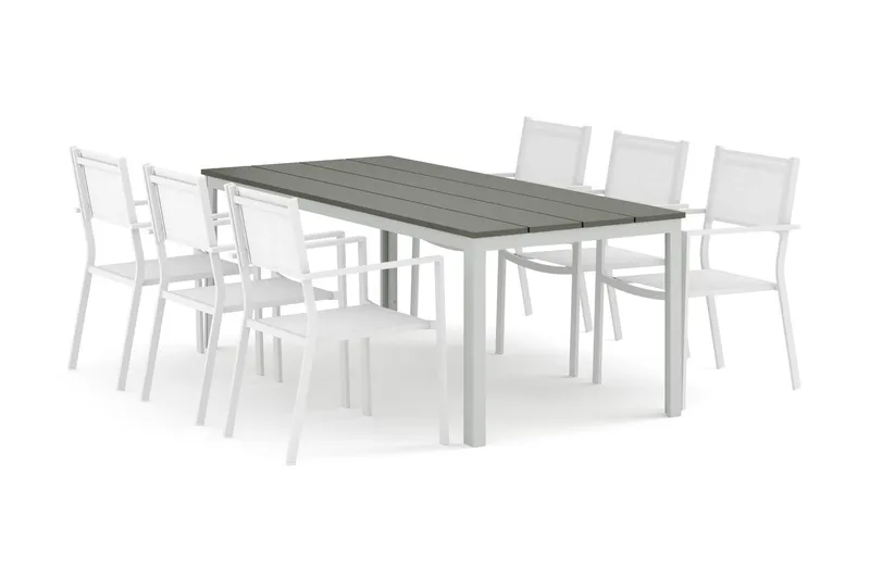 Tunis utomhus matgrupp 205x90 cm med 6 Tunis stapelstolar - Vit/Grå — Comfort Garden