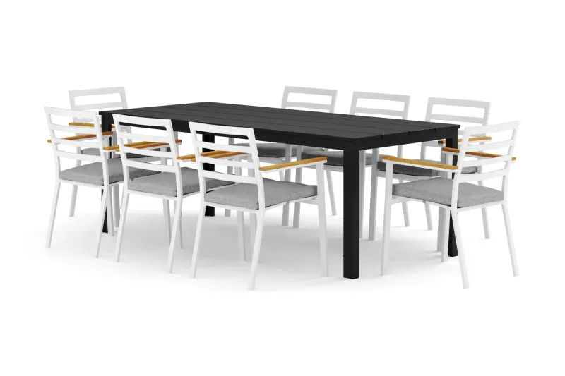 Tunis utomhus matgrupp 205x90 cm med 8 Oliver karmstolar med dyna - Svart/Svart — Comfort Garden