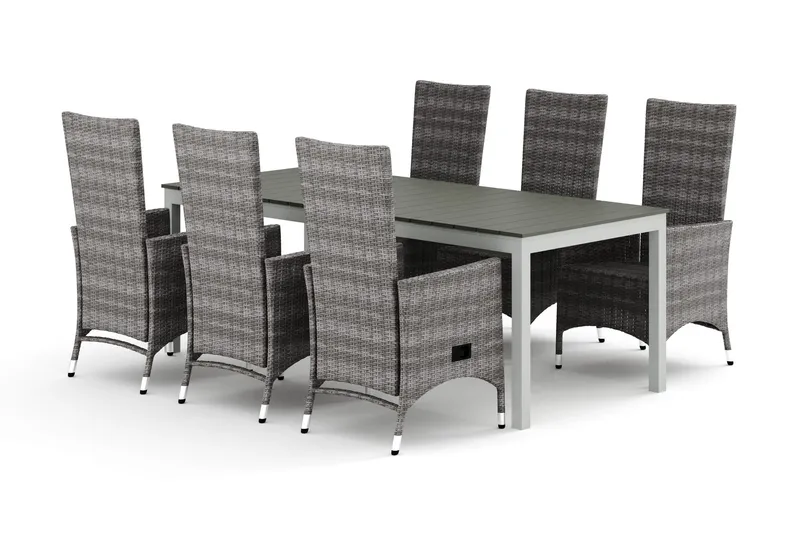 Tunis utomhus matgrupp förlängningsbart 205/305x90 cm med 6 Jenny matstolar - Vit/Grå — Comfort Garden